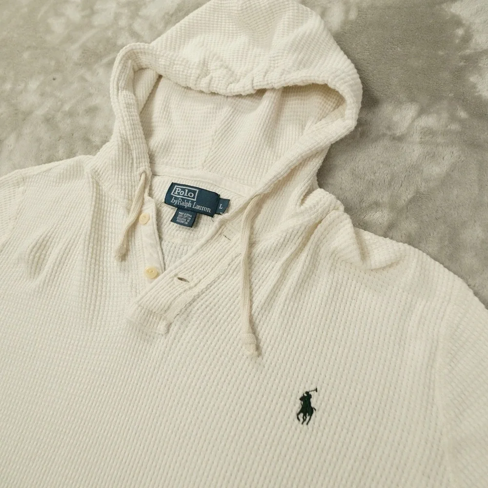 Polo Ralph Lauren Vintage Waffle Knit Thermal Hoodie Men's Large Off White